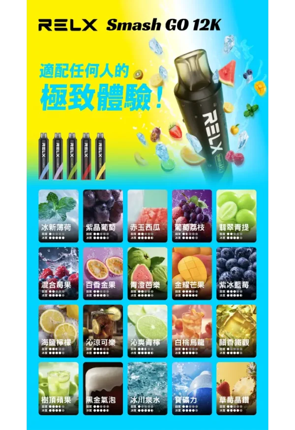 RELX Smash Go 12000口拋棄式電子煙｜15ml防乾燒5%丁鹽，台灣現貨正品安全超取