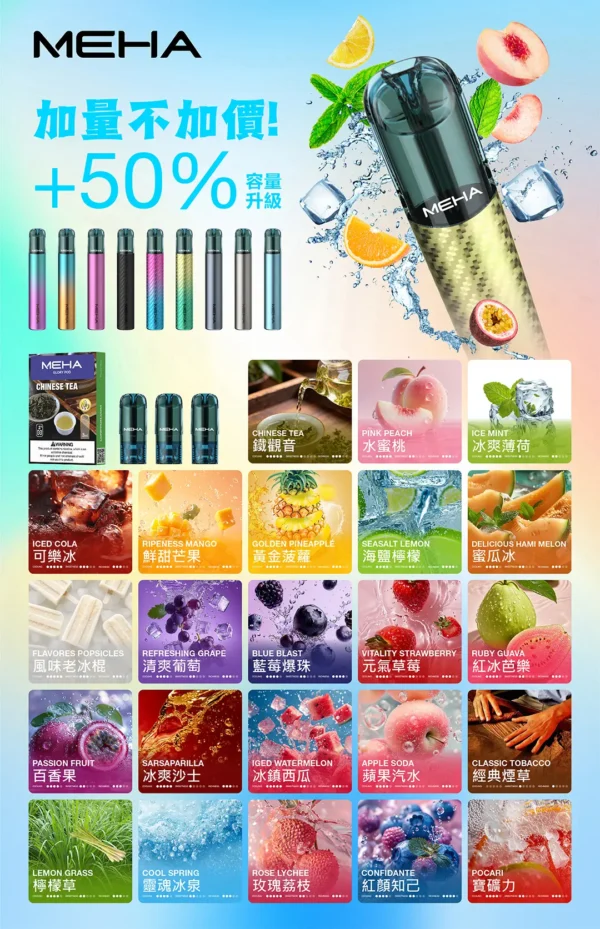 2f14bd8cd5b815a5db55870f2887e418.webp MEHA魅嗨一代通用煙彈|3ml大容量爆汁果香順滑擊喉,台灣現貨正品快速出貨